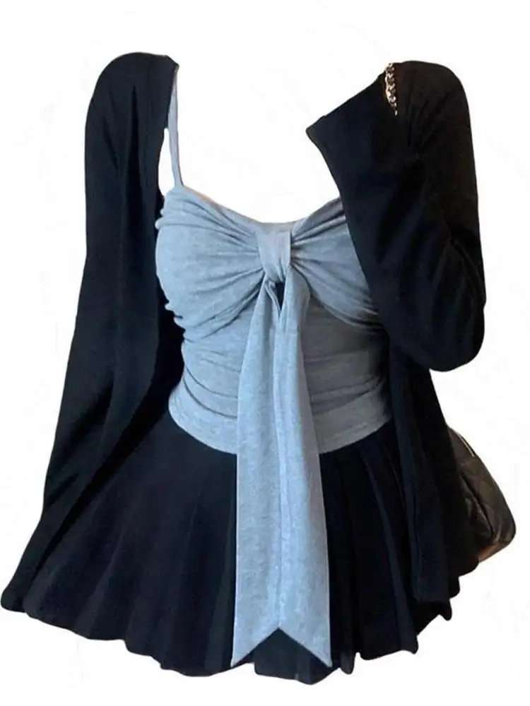 plus Size Women's Sweet Spicy  Knot Tube Top Vest And  Skirt Three Piece Set Korean Style Long Sleeve Casual Wear