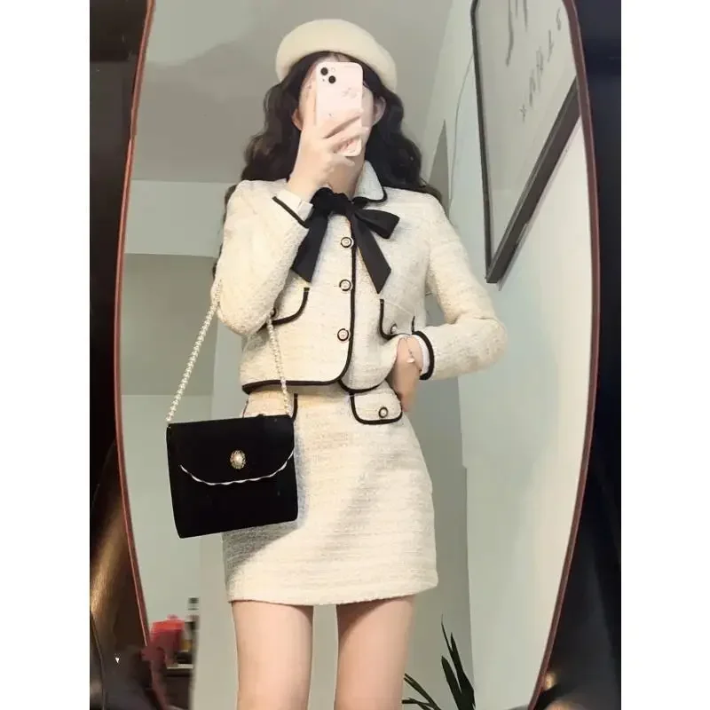 2026 Autumn Women Tweed Two Piece Set Age Reducing Bow Cropped Jacket Coat + Fashion Skirt Two Piece Sets Womens Outifits