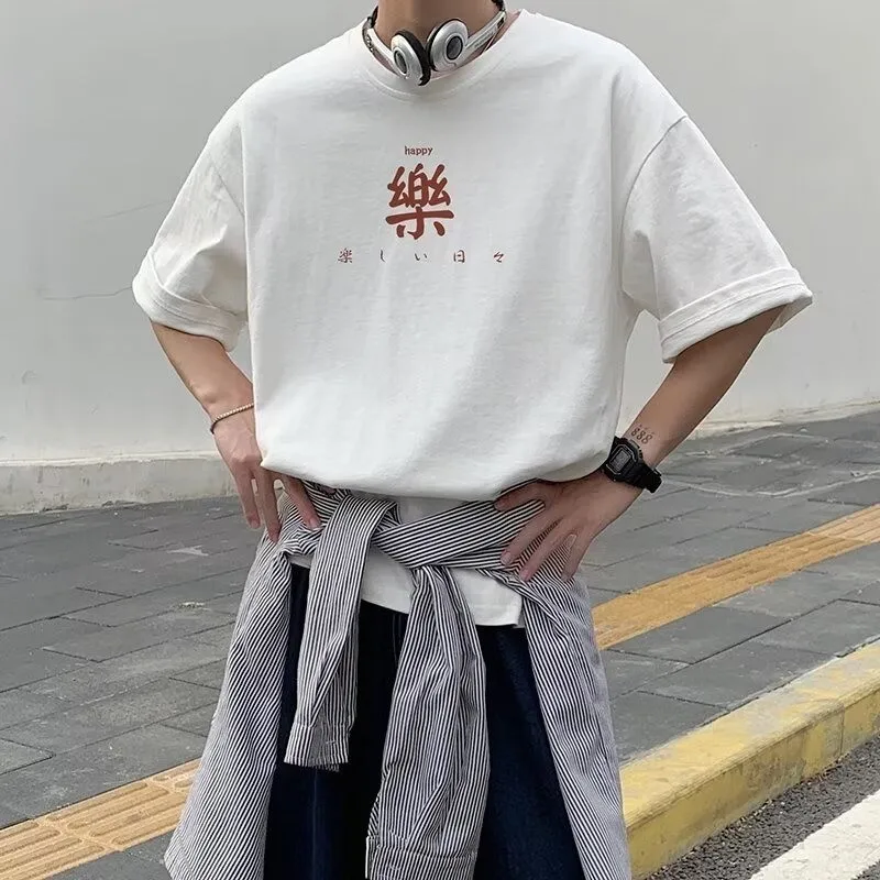 8XL Loose Fitting Fashionable Trend Traditional Chinese Characters Happy Print T-shirt with Casual Men Versatile Couple Outfit