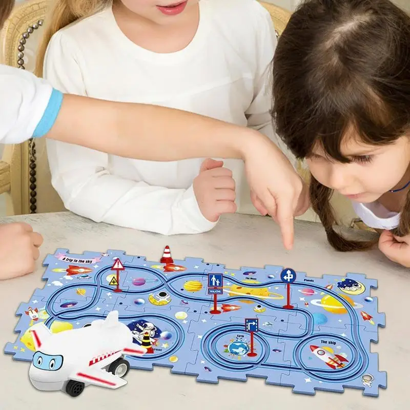 Kids Rail Car Set Plastic Floor Puzzles Racer Track for 3 4 5 6 Year Old Boys Learning Educational Montessori Toys Brain Toys