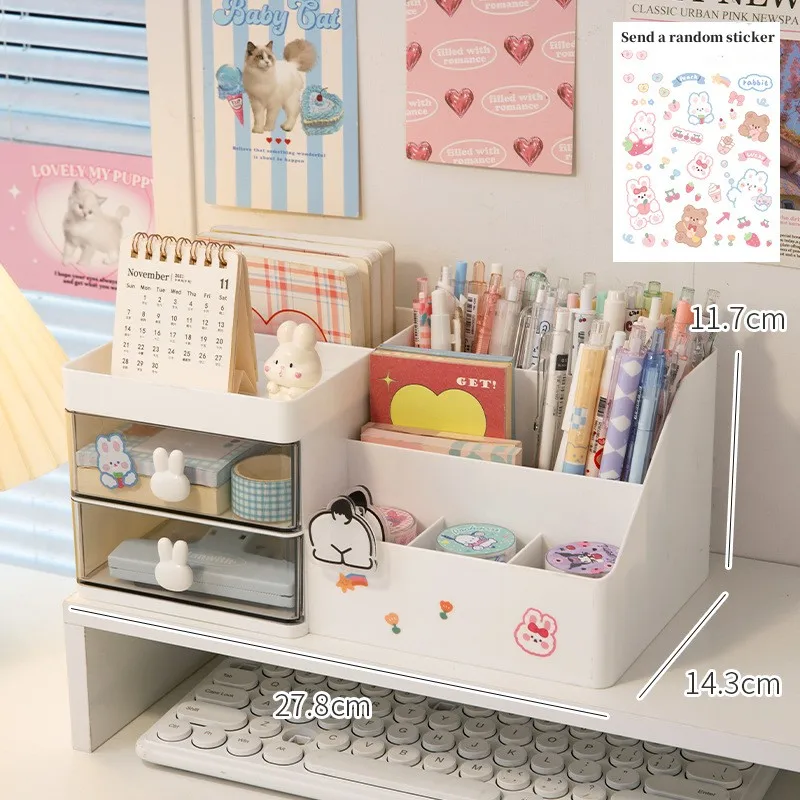 Kawaii Desktop Cosmetic Storage Box Organizer Cassetto Portaoggetti per ufficio Cancelleria Portapenne da scrivania Bunny Drawer Jewel Organizer