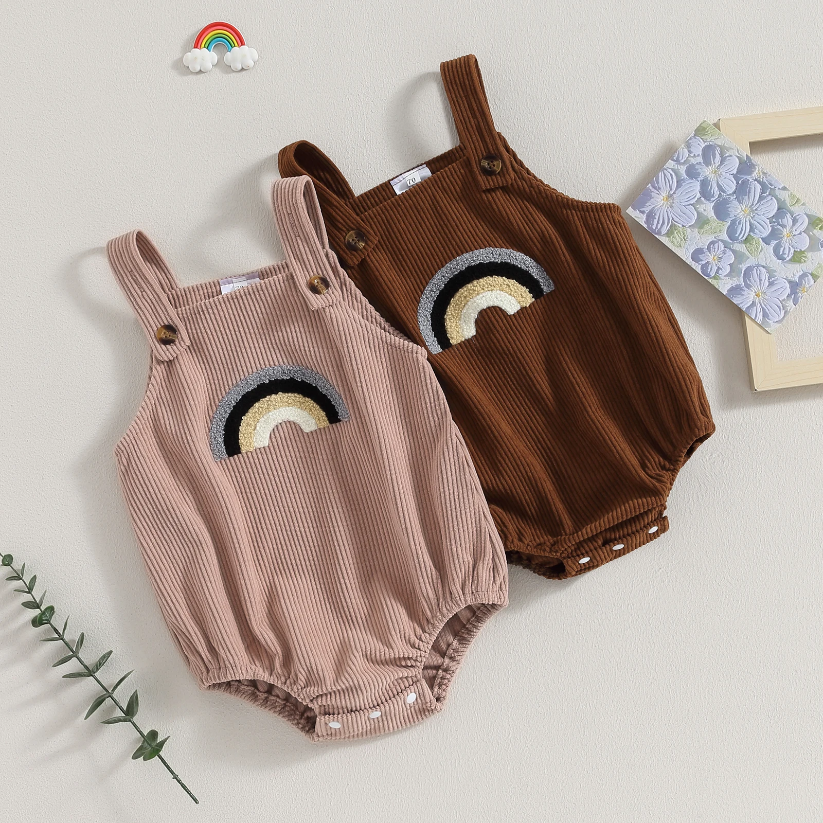 

Infant Baby Corduroy Bodysuits Sleeveless Bib Pants Square Neck Rainbow Embroidery Overalls Jumpsuit for Boys Girls