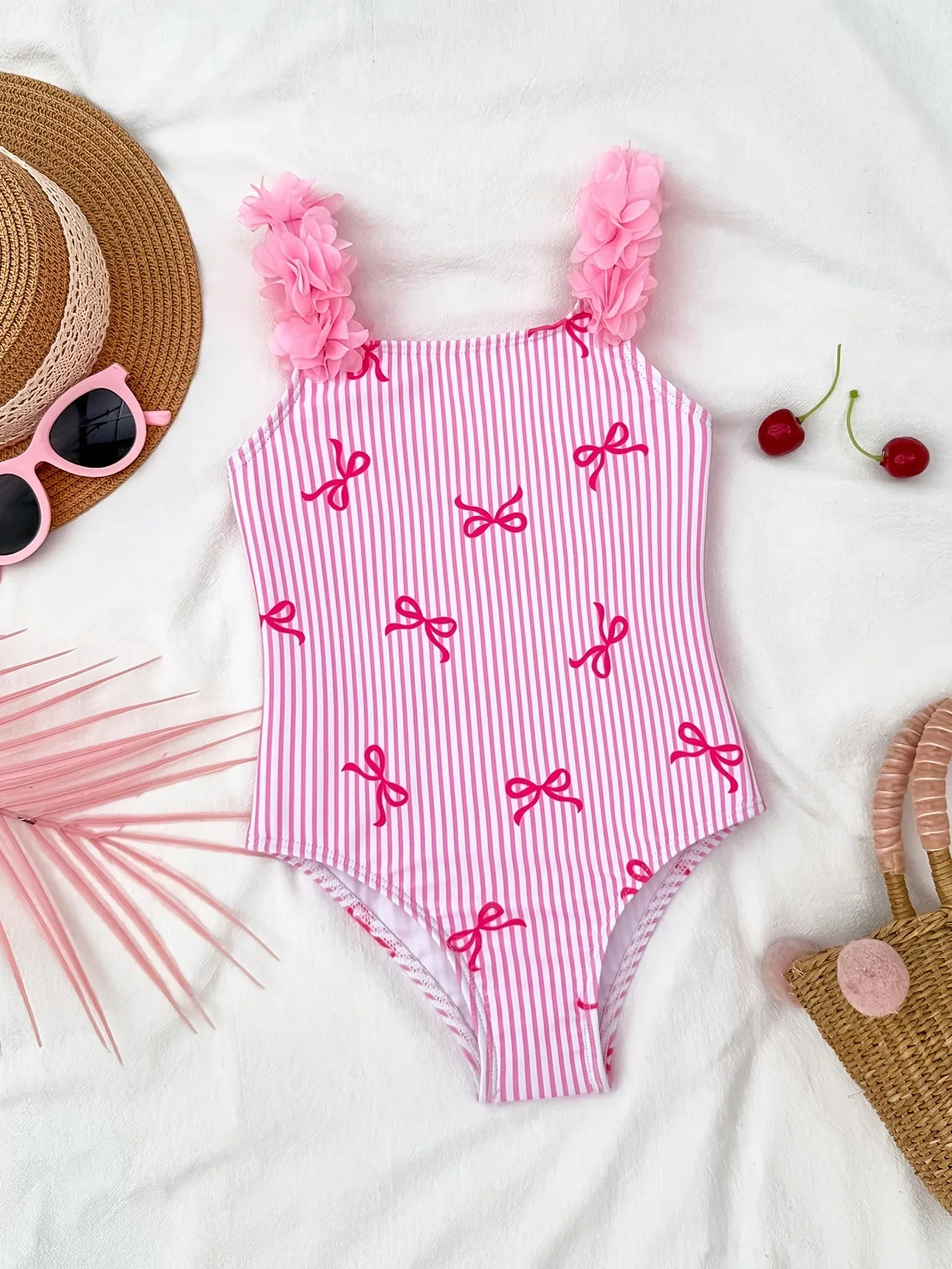 Cute Girls Pink Vertical Stripe One Piece Swimwear, All over Bow Print 3D Floral Straps Bikini for Beach & Pool Vacation