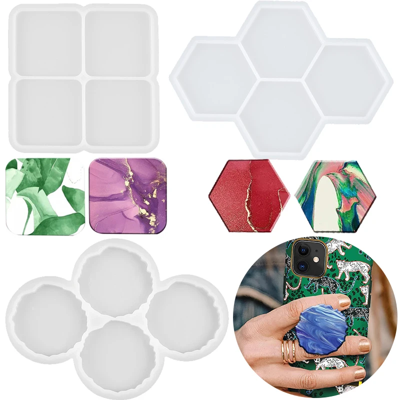 4-Cavity Phone Grip Silicone Mold DIY Square Round Hexagon Coaster Phone Socket Stand Craft Casting Epoxy Resin Mold