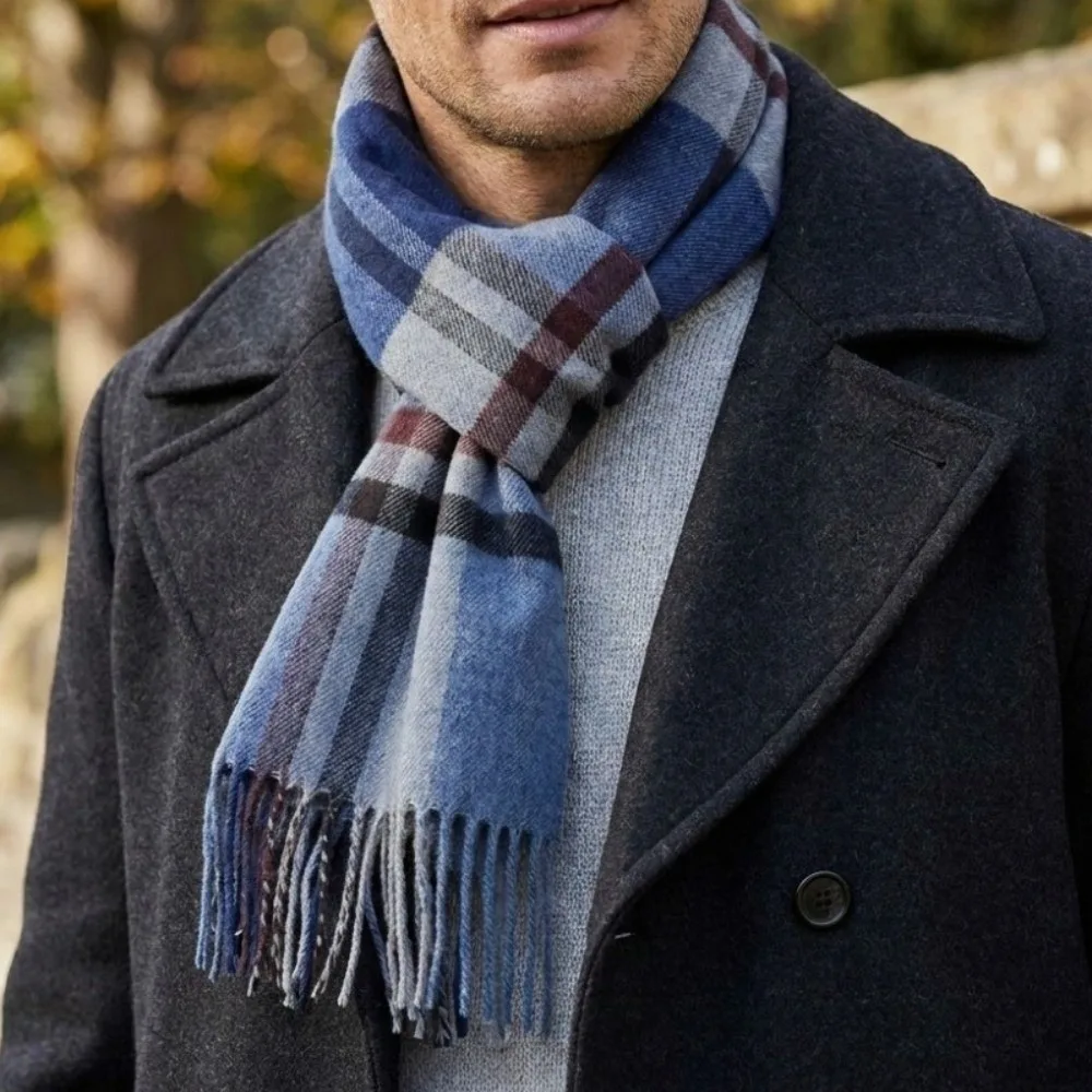 Classic Polyester Men Plaid Scarf Warm Thickened Shawl Wrap Long Tassel Faux Cashmere Neck Scarf Students