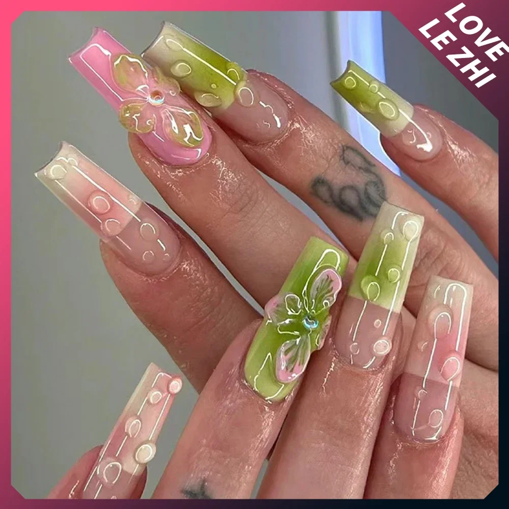 Y2K Handmade Press On Nails Set Long Almond Square Gel False Nail Summer Lilies Reusable Full Cover Reuse Fake Nail Tips