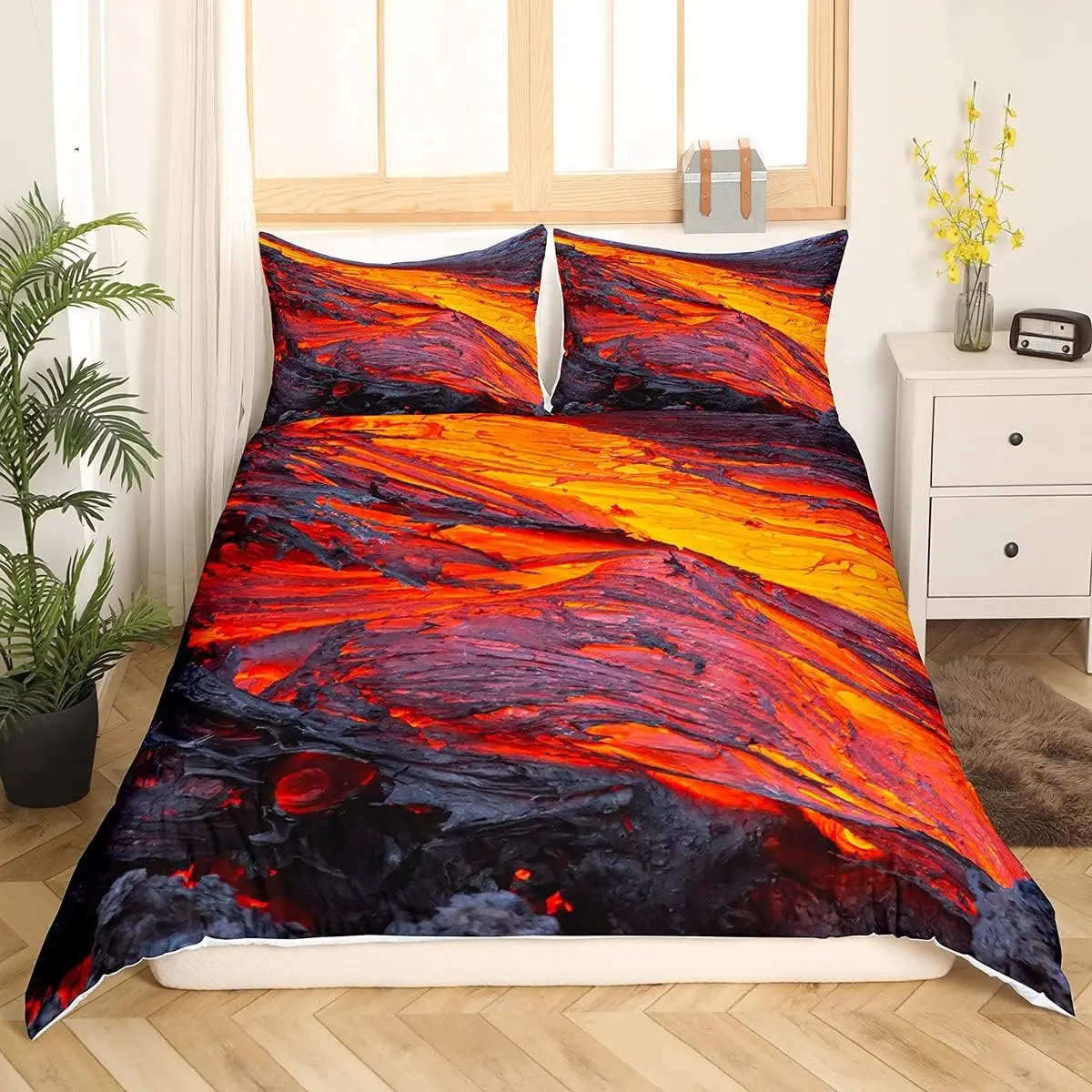 Volcano Bedding Set Twin 2/3 Pieces Disaster Printed Pattern Red Yellow Comforter Set Lava Duvet Cover For Adult Boys Men Teen