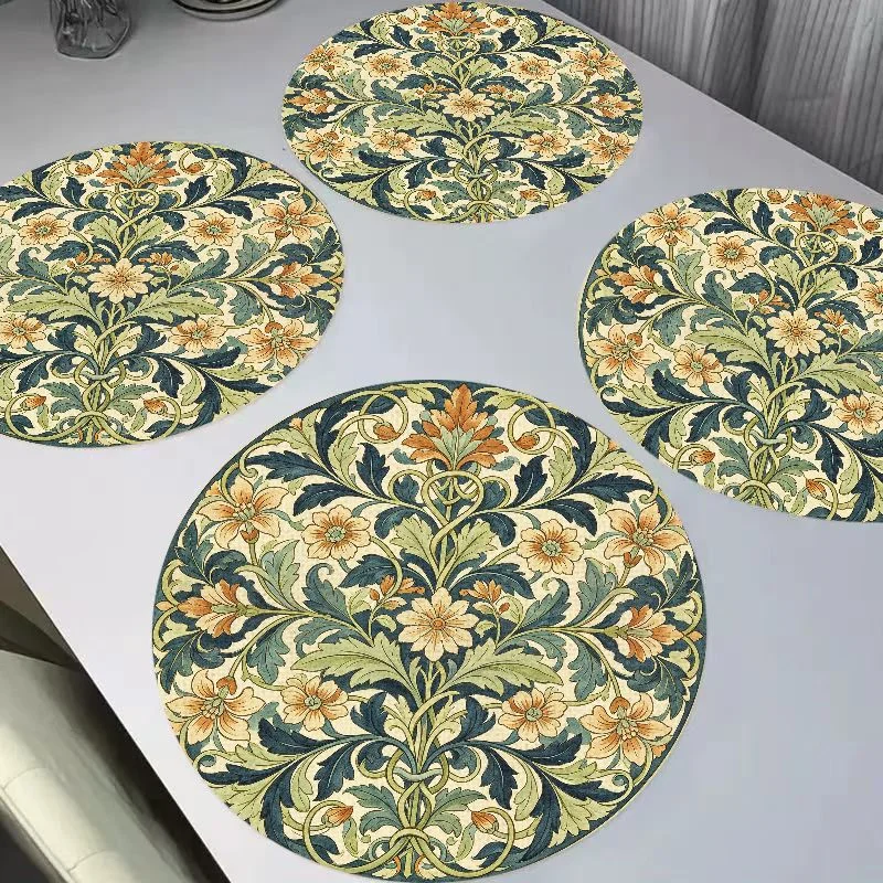 VIKAMA Retro Morris Daisy Round Linen Placemats, Heat Resistant Wear-Resistant for Dining Table Kitchen Decor