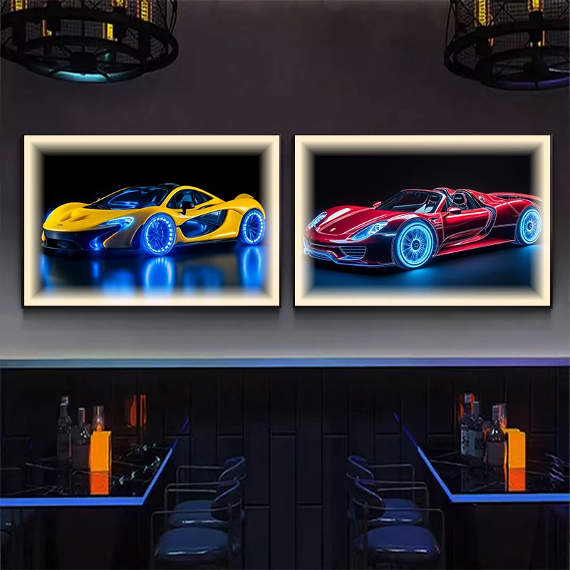 Cool Sports Car LED Luminous Painting Modern Fashionable Home Wall Decoration for Game Hall or Bar Atmosphere