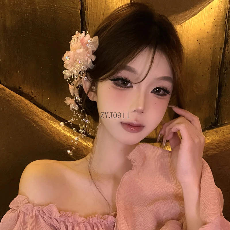 Mori super fada doce flor foto grampo de cabelo antigo hanfu franjas acessórios de cabelo mulher
