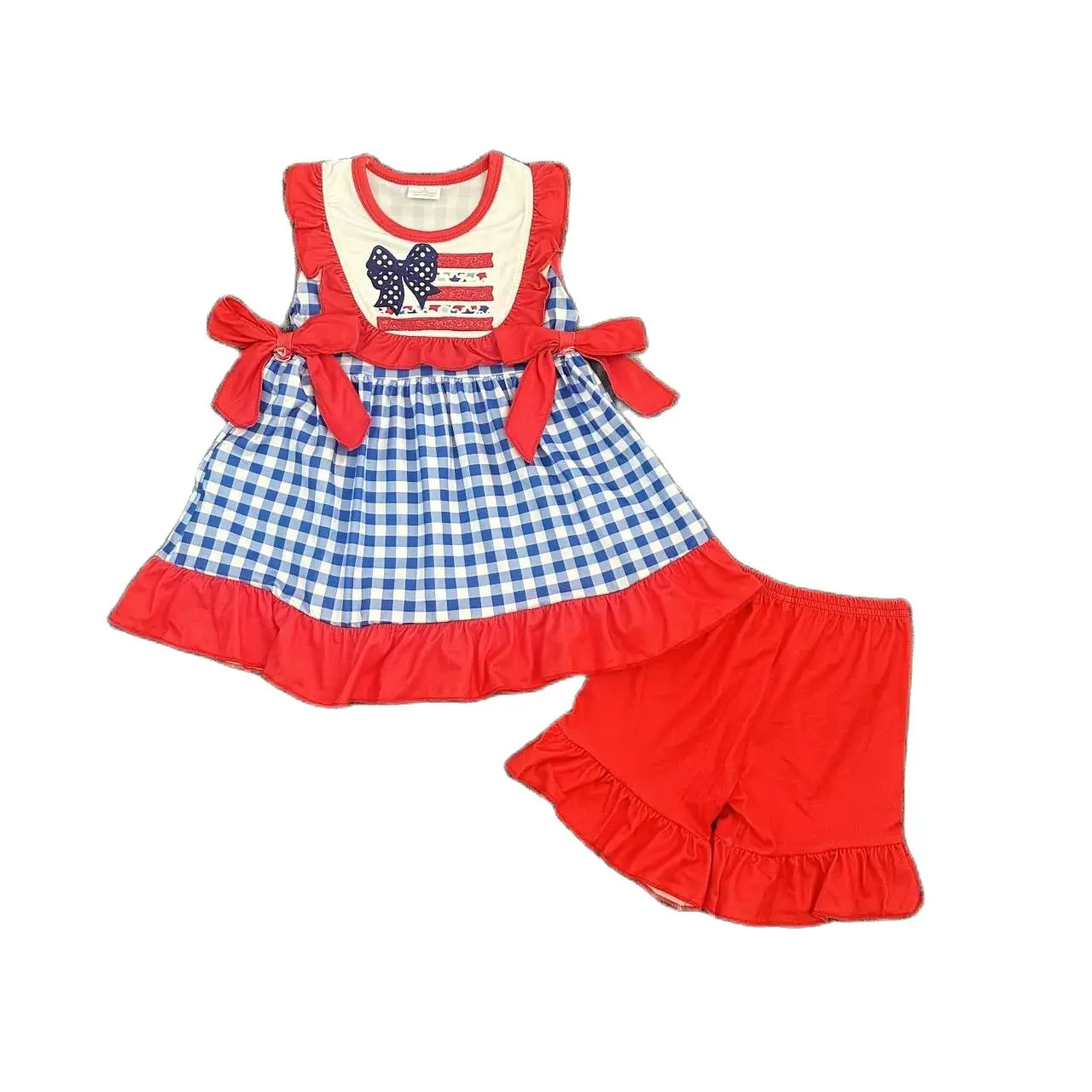 

Hot selling children's clothing July 4th blue plaid matching newborn onesie national flag little girl shorts set for baby outfit