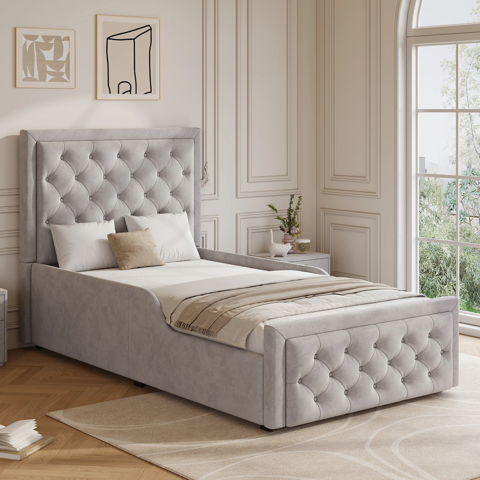 Lit simple rembourré avec rangement hydraulique relevable pour enfants, lit double avec tête de lit capitonnée, tissu en velours doux, sommier à lattes inclus, barrières latérales rembourrées, gris