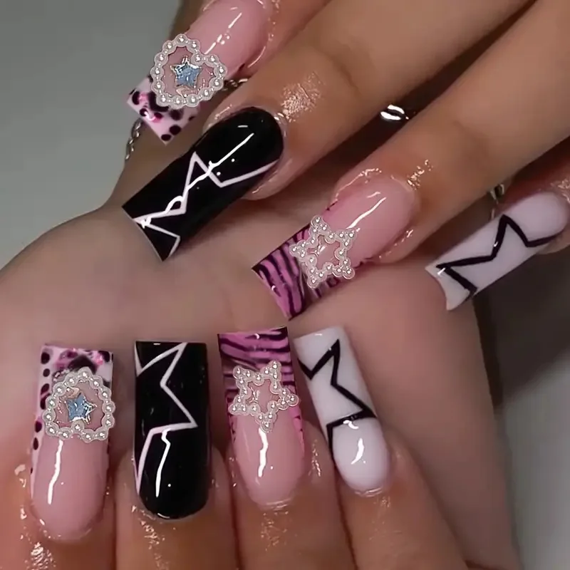 

24Pcs Mid-length Square Press on Nails French Reusable Full Cover Fake Nails Tips 3D Star Love Heart Pearl Design False Nail Art