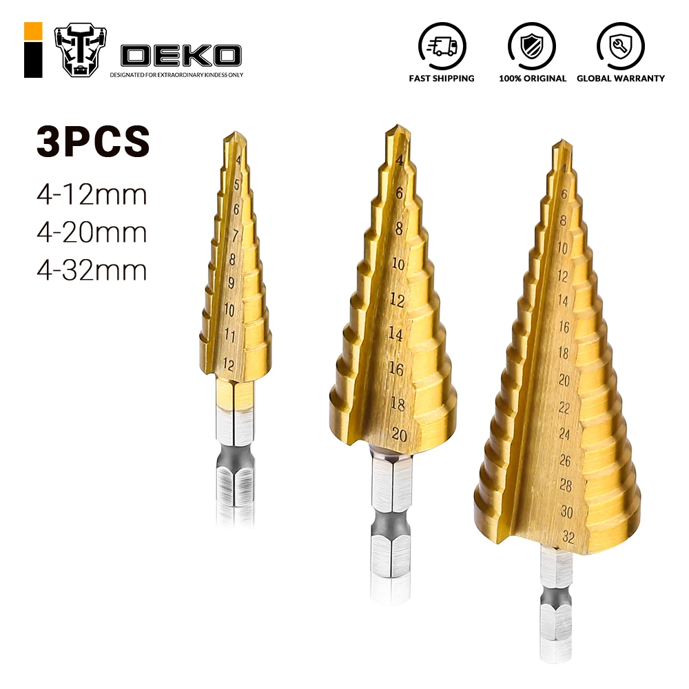 3Pcs/set 4-12mm 4-20mm 4-32mm HSS Straight Groove Step Drill Bit Titanium Coated Wood Metal Hole Cutter Core Drilling Tools Set