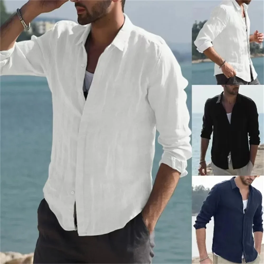 

Summer Shirt Beach Cotton Linen Shirts Men Cardigan Tops Long Sleeved Turn Down Collar Slim Fit Large Size