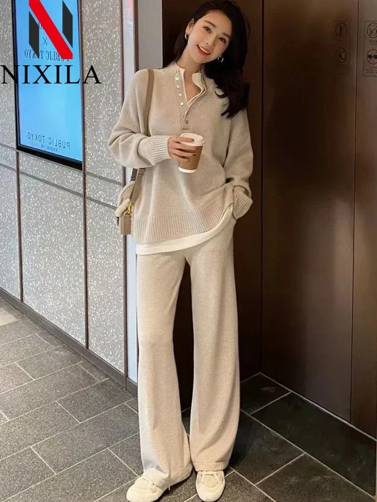 New in Autumn Winter Women Knitted Sweater Sexy Two Piece Sets Warm Casual Long Sleeve Pullovers Wide Leg Pants Ladies Suits