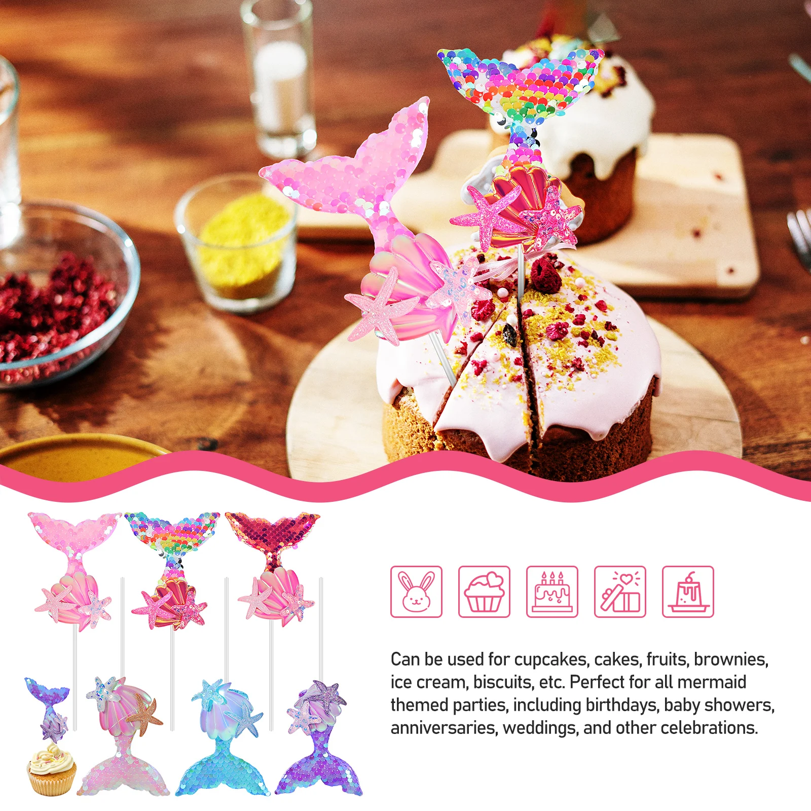 

6pcs Marine Sequins Cake Decorations Mermaid Tail Cupcake Toppers Birthday Cloth UnderSea Picks Montessori Toys