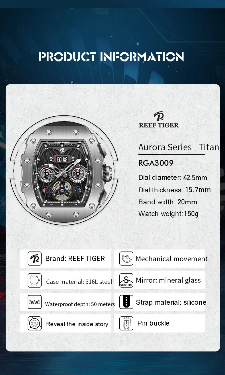 ريف النمر الرجال ساعة أوتوماتيكية 42.5 مللي متر الفاخرة الميكانيكية ساعة اليد تونيو مضيئة مقاوم للماء الهيكل العظمي الهاتفي شهر أسبوع التاريخ