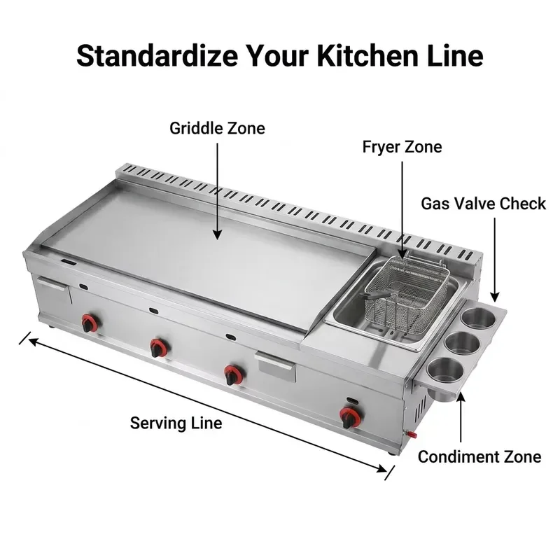 Double zone control stainless steel gas steak fryer, baking energy-saving commercial cooking equipment, multi-functional cold