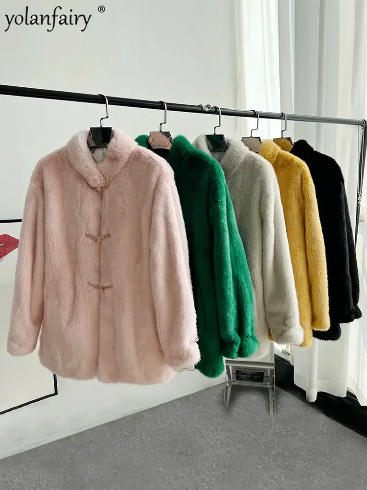 Mulheres Jaqueta de inverno Casaco De Pele Real Feminino Retro Placa Fivela Inteira Mink Fur Jakcet Moda Stand Collar Roupas para As Mulheres FCY4207