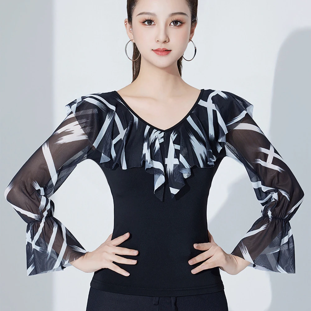 Langärmliges Oberteil für Damen, bedrucktes Hemd, lateinamerikanischer Tanz, V-Ausschnitt, Samba, gerüschter Ball, schwarzes Übungs-Bühnenhemd