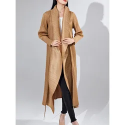 Miyake Pleated 2024 Spring Autumn New Women Luxury Trench Coat Pure Color Lapel Long Sleeve Cardigan Vintage Design Female Coat