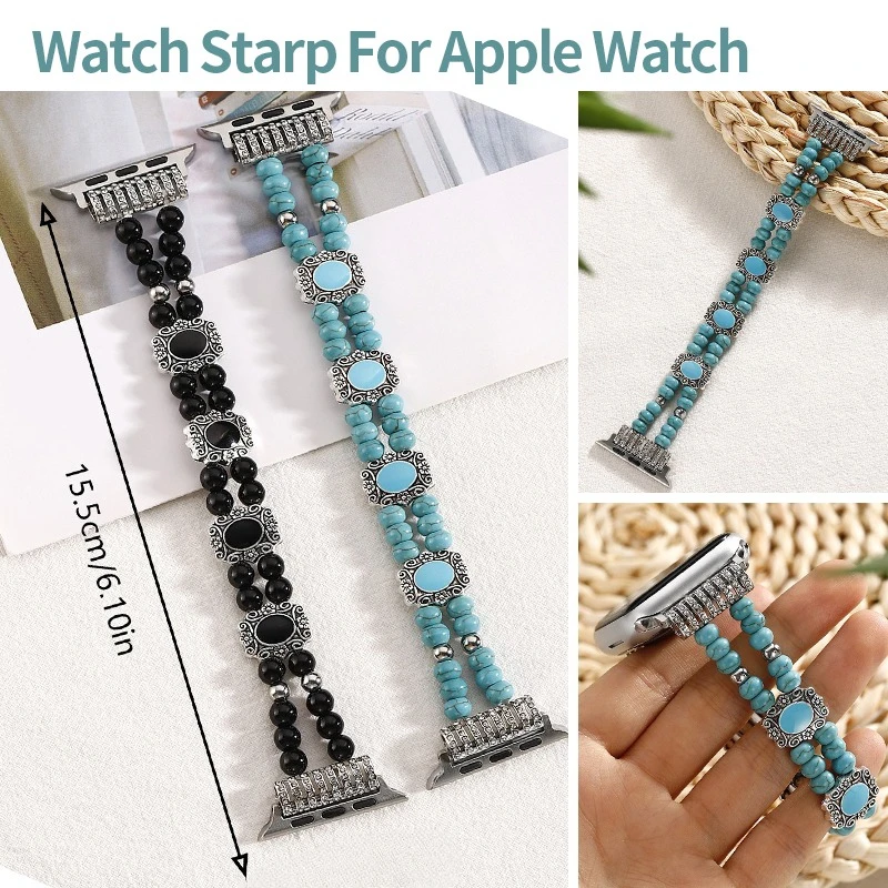 Boho Turquoise Beaded Band For Apple Watch 41 45 49 44mm Series11 10 9  8Ultra SE Elastic Stone Bracelet Wristband Jewelry Strap