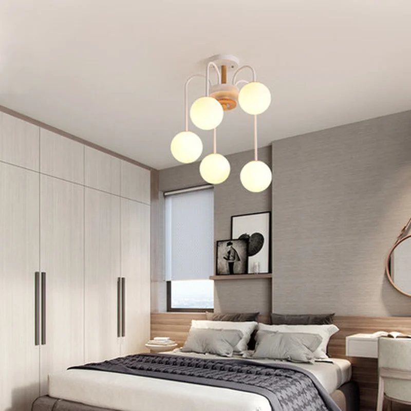 Plafonnier LED en bois avec boule de verre blanche, design moderne, éclairage d'intérieur, luminaire de plafond, idéal pour un salon, une chambre d'enfant ou une cuisine