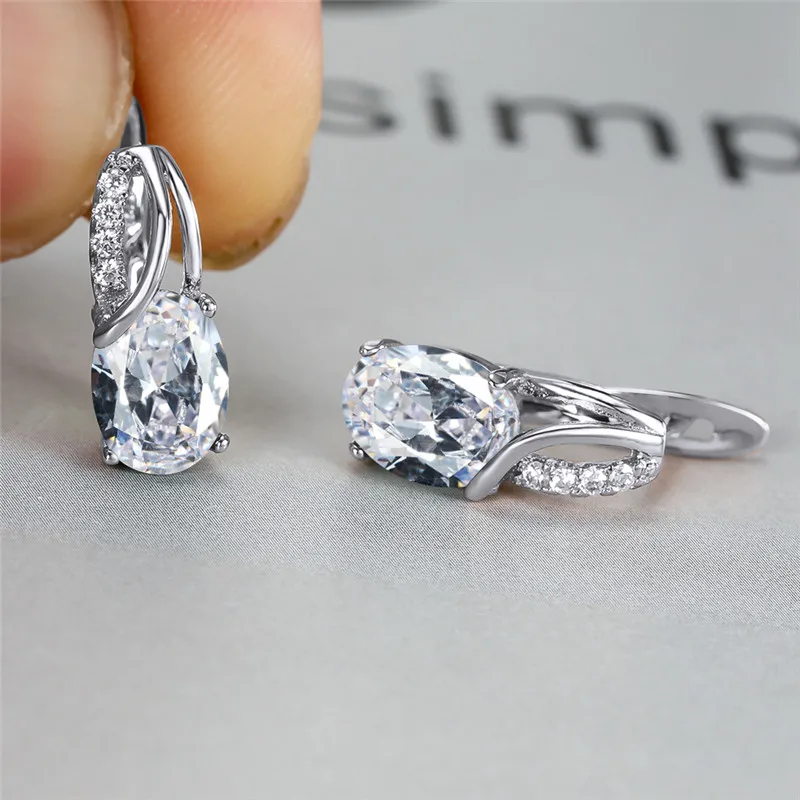 Women's Aqua Blue Zircon Oval Stone Hoop Earrings, Boho Style