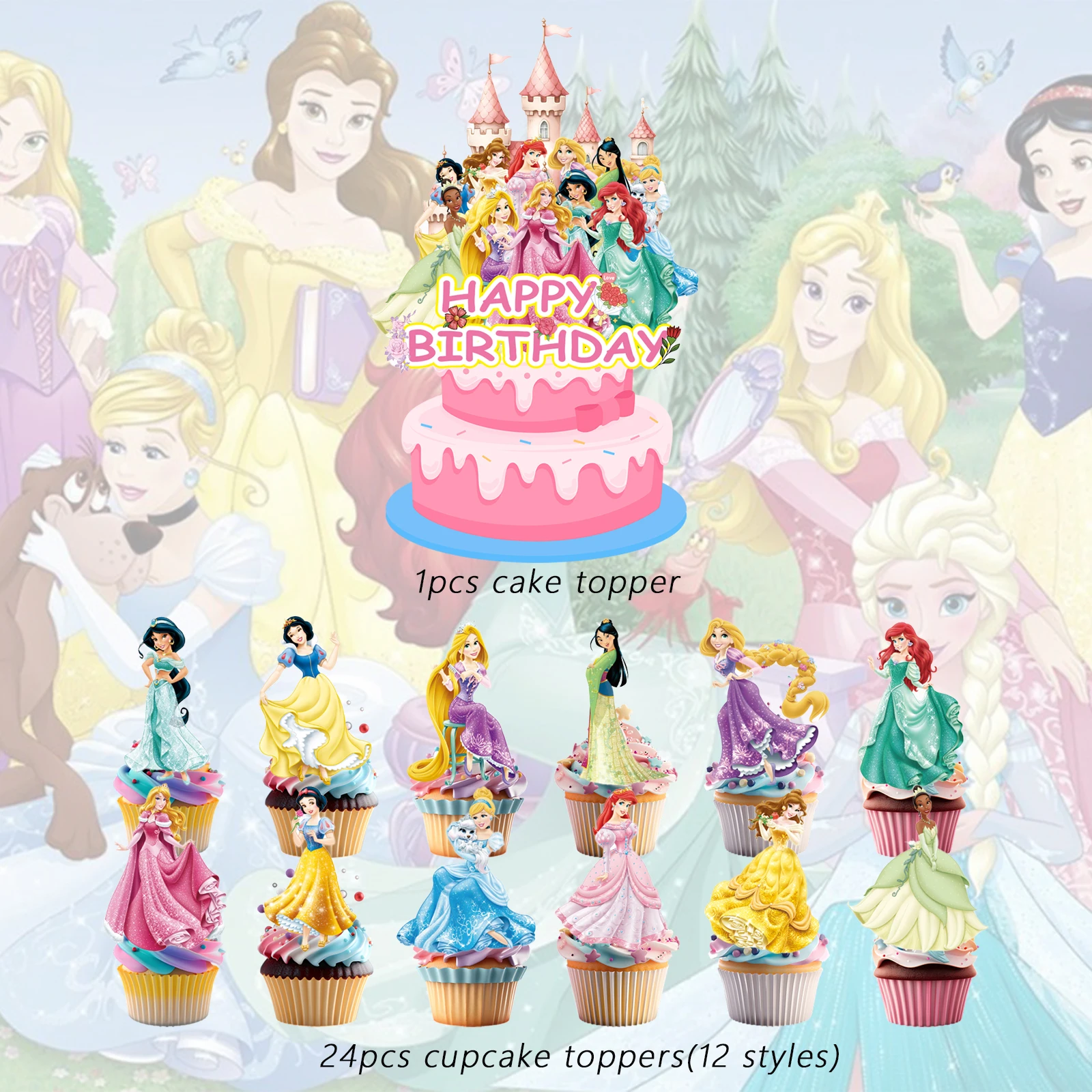 25 قطعة من أغطية كعكة الأميرة، أغطية الكب كيك، زينة عيد ميلاد الأميرة، لوازم حفلات موضوع الأميرة، ديكور عيد ميلاد الأميرة