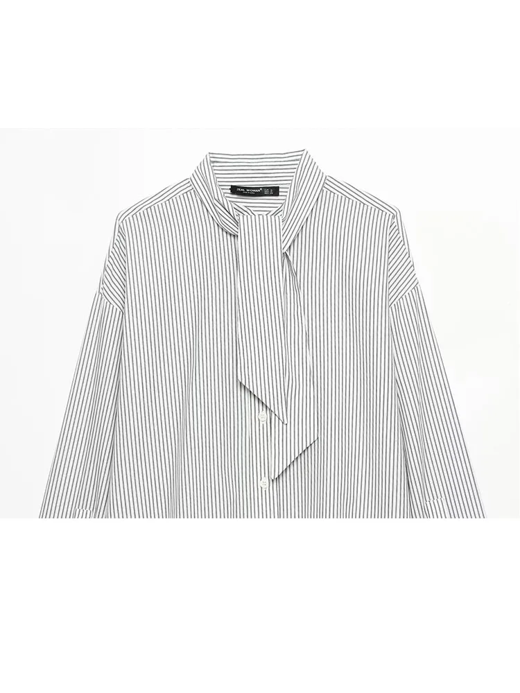 Chemise à manches longues en popeline rayée pour femme HH, chic, à simple boutonnage, décontractée, ample, pour le travail