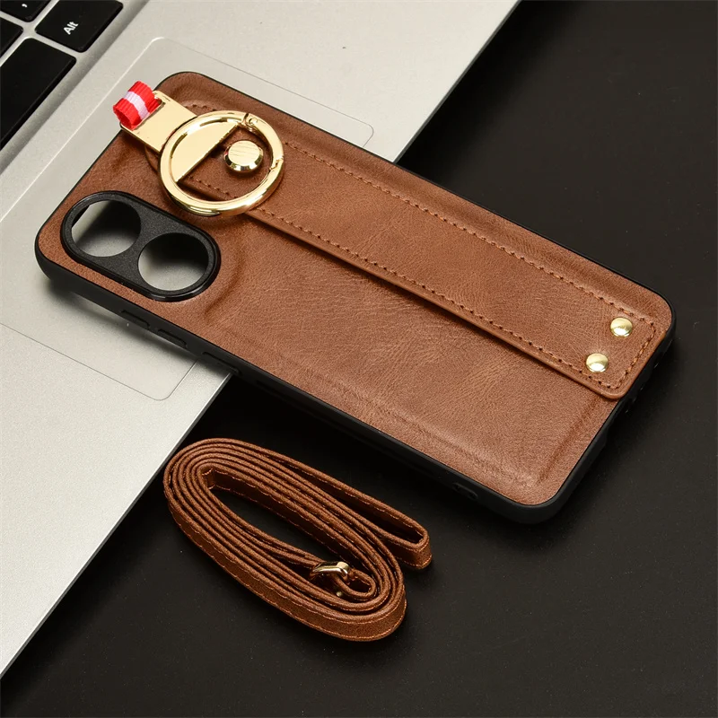 For OPPO A78 4G New Anti-Shock Business Leather Wristband Cover Case For OPPO A78 OPPOA78 4G CPH2565 Non-Slip Protective Case