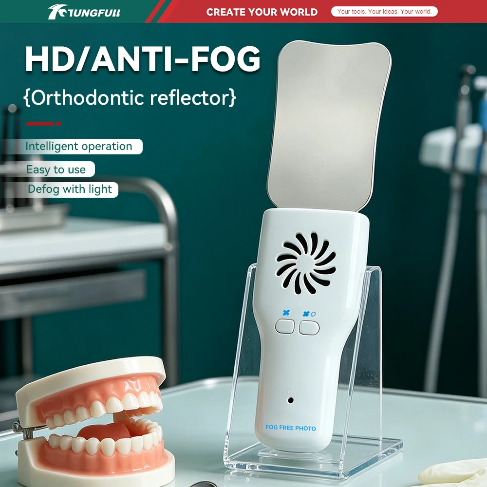 Portable Intraoral Reflector Mirror Anti‑Fog With Fan And LED Light Stainless Steel Orthodontic Oral Photograph Auxiliary Tool