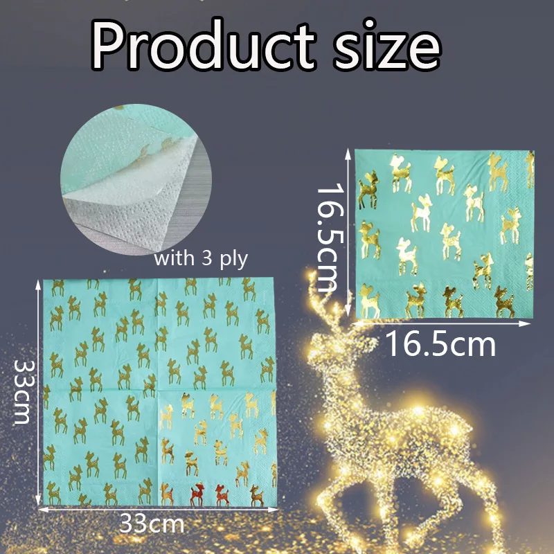 Green Hot Stamping Napkins Christmas Reindeer Pattern Napkins Birthday Party Supplies Tableware Pads Disposable Paper Napkin