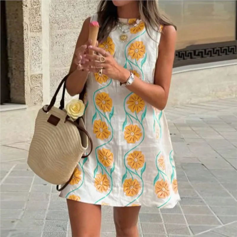 

2025 Summer New Fresh Floral Print Mini Dresses Women Loose Casual Sundress Sleeveless O-neck A-line Beach Vacation Dress Robe
