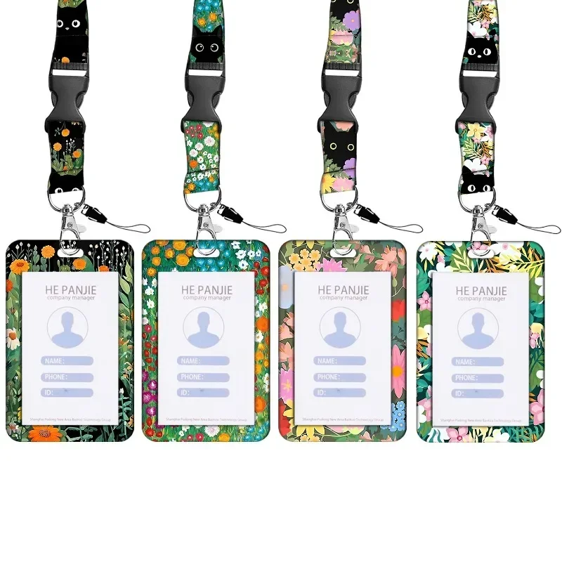 Aesthetic Cat Floral Card Holder with Badge Retractable Reel Lanyard Set for Women Cute Black Cat Pull Buckle Card Cover Case