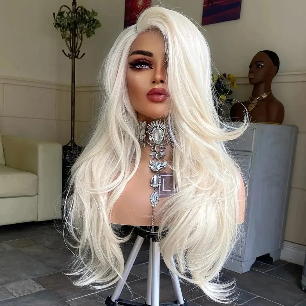 Body Wave Synthetic Lace Front Wigs 200%Density White Ash Blonde 13x4 HD Lace Frontal Natural Wavy Wigs Pre Plucked For Women
