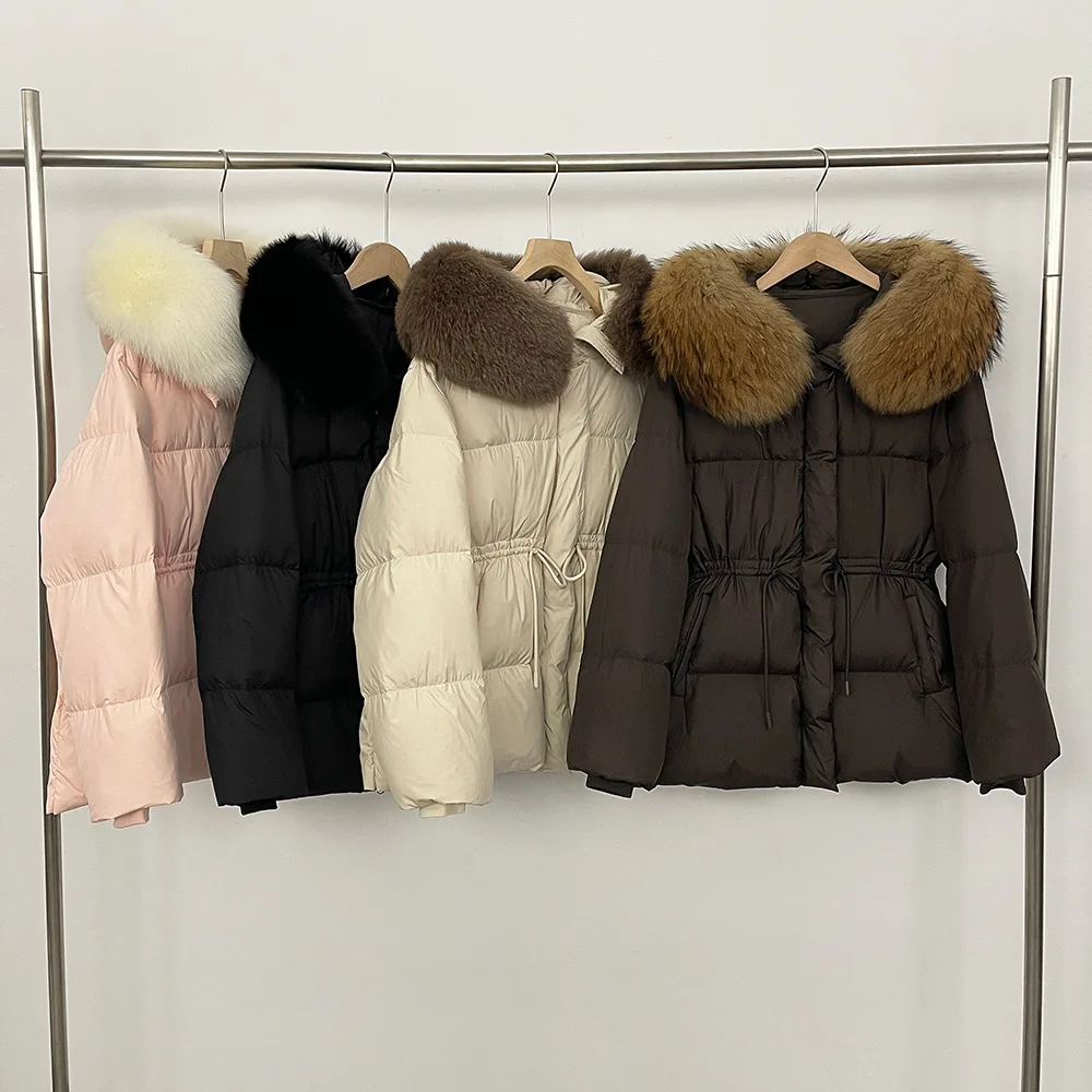 

Winter Fox Fur Collar Down Jacket For Women Solid Color Drawstring Hooded Puff Coat American Fashion High Street Thick Overcoat