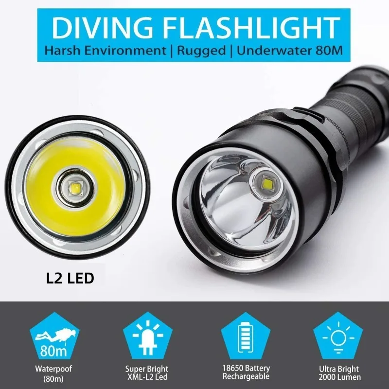 LED Diving Flashlight Super Bright L2 Professional Underwater Scuba Dive Torch IP68 Waterproof Hand Lamp Using 18650 Battery