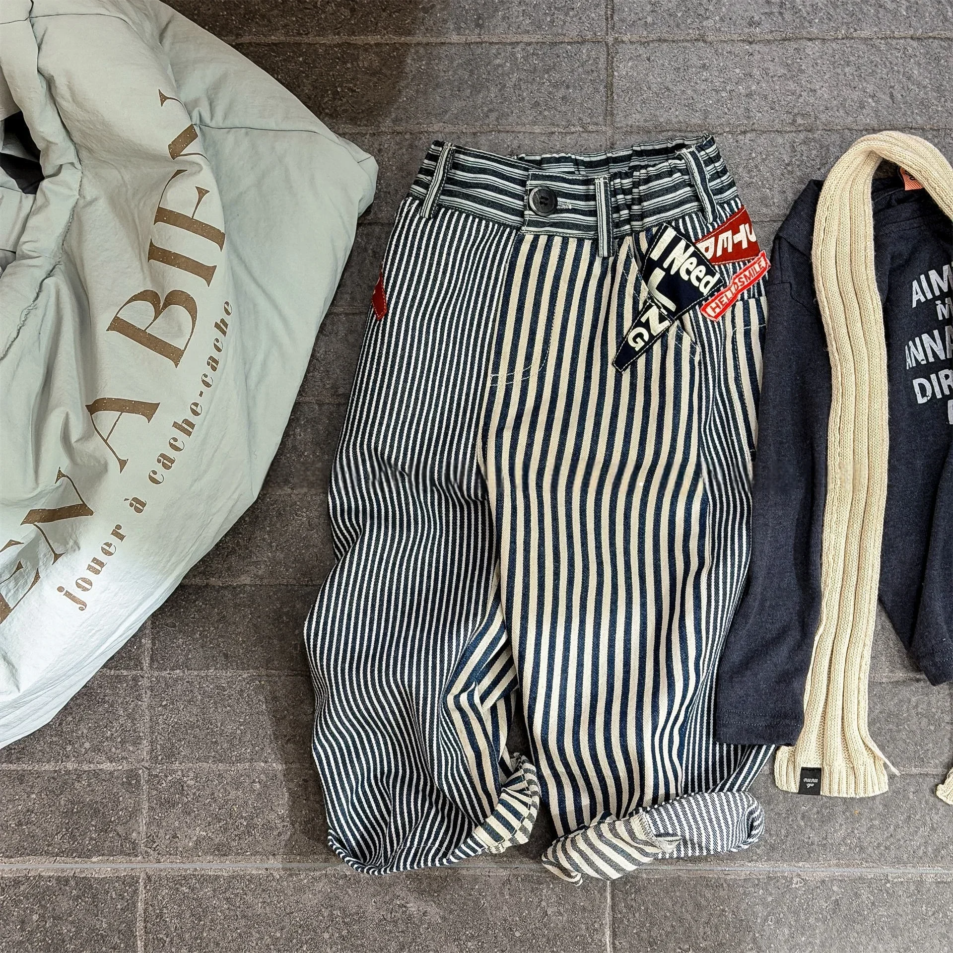 2026 Kids Unisex Striped Denim Harem Pants for Boys Girls Elastic Waist Roll-Up Cuffs Casual Wear denim  Jeans trousers for kids