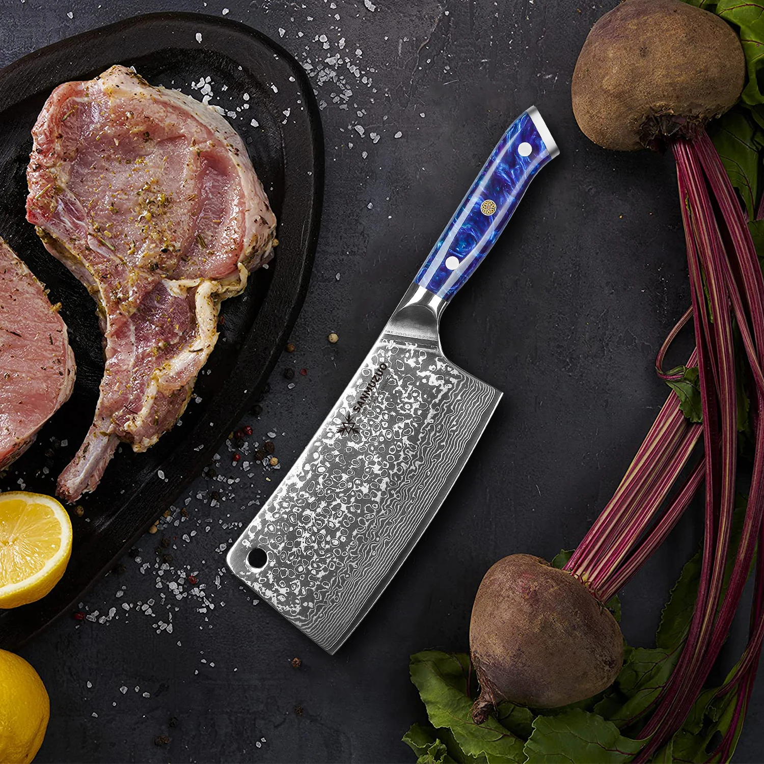 SANMUZUO Bone Chopping Knife - 7 inch Cleaver Knife- Xuan Series - VG10 Damascus Steel Kitchen Knife - Resin Handle（BLUE））