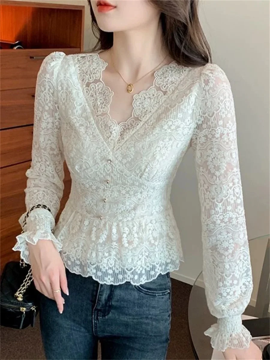 

Women Spring Autumn Style Lace Blouses Shirts Lady Casual Long Sleeve V-Neck Solid Color Blusas Tops