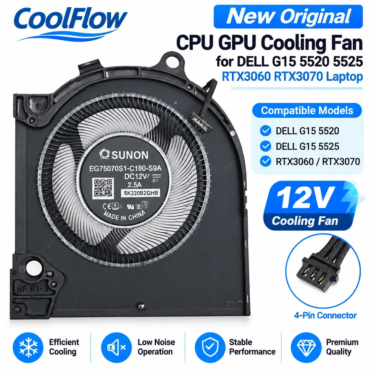New Original Cooling Fan for DELL G15 5520 5525 G16 7620 RTX3060 RTX3070 12V Laptop CPU GPU Fan