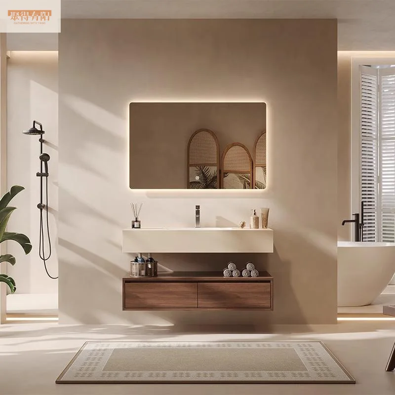 Light Luxury Minimalist Smart Walnut Bathroom Cabinet Slate Seamless Ceramic Integrated Basin Wash Table Toilet Group Simple