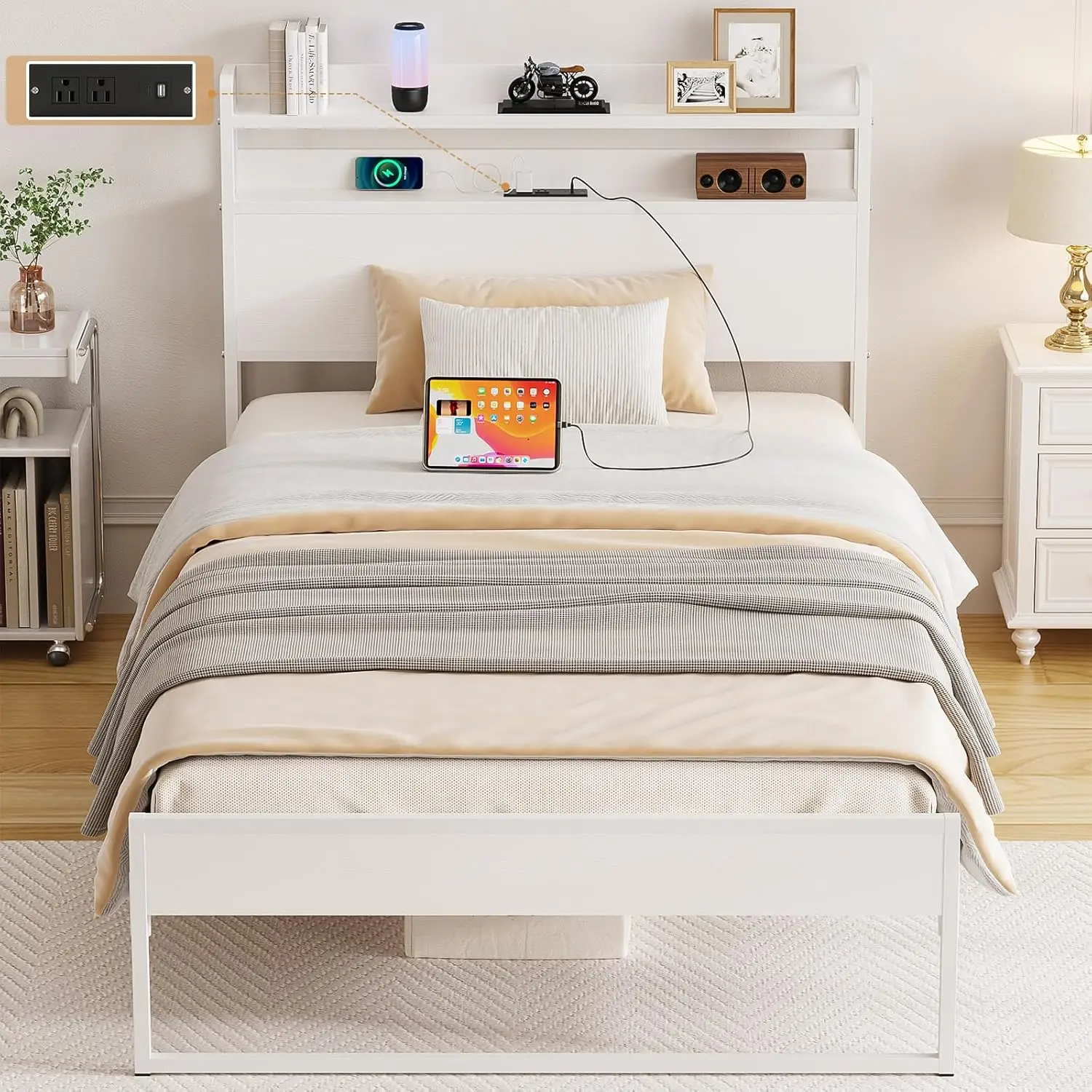 

Twin Bed Frames with Charging Station and Storage Headboard No Box Spring Needed Noise Free Easy Assembly
