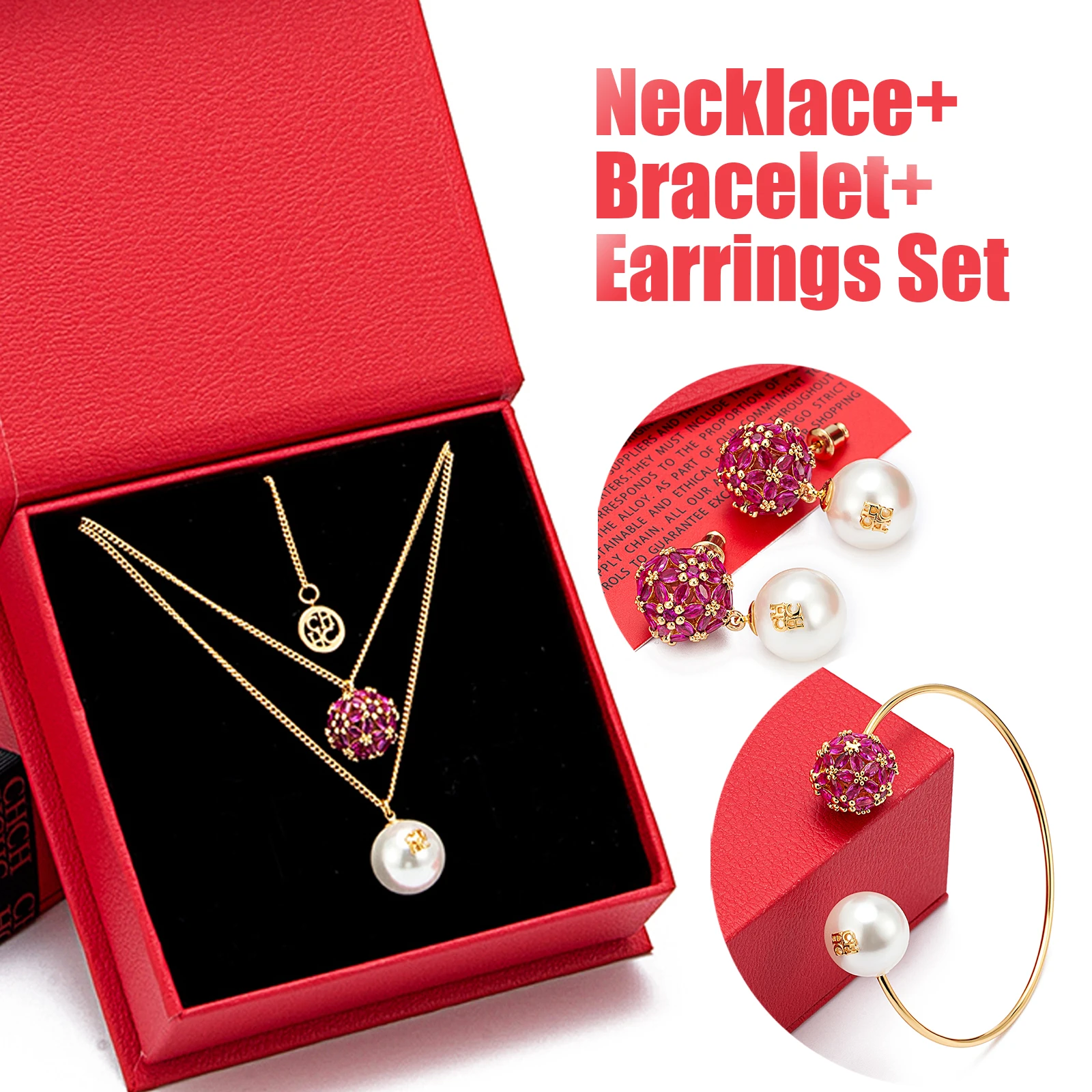 

2025 Flame Red Pearl Set 3Pcs Diamond Ball & Red Pearl Necklace Bracelet Earrings Date Party Gift Red Premium Box Packaging