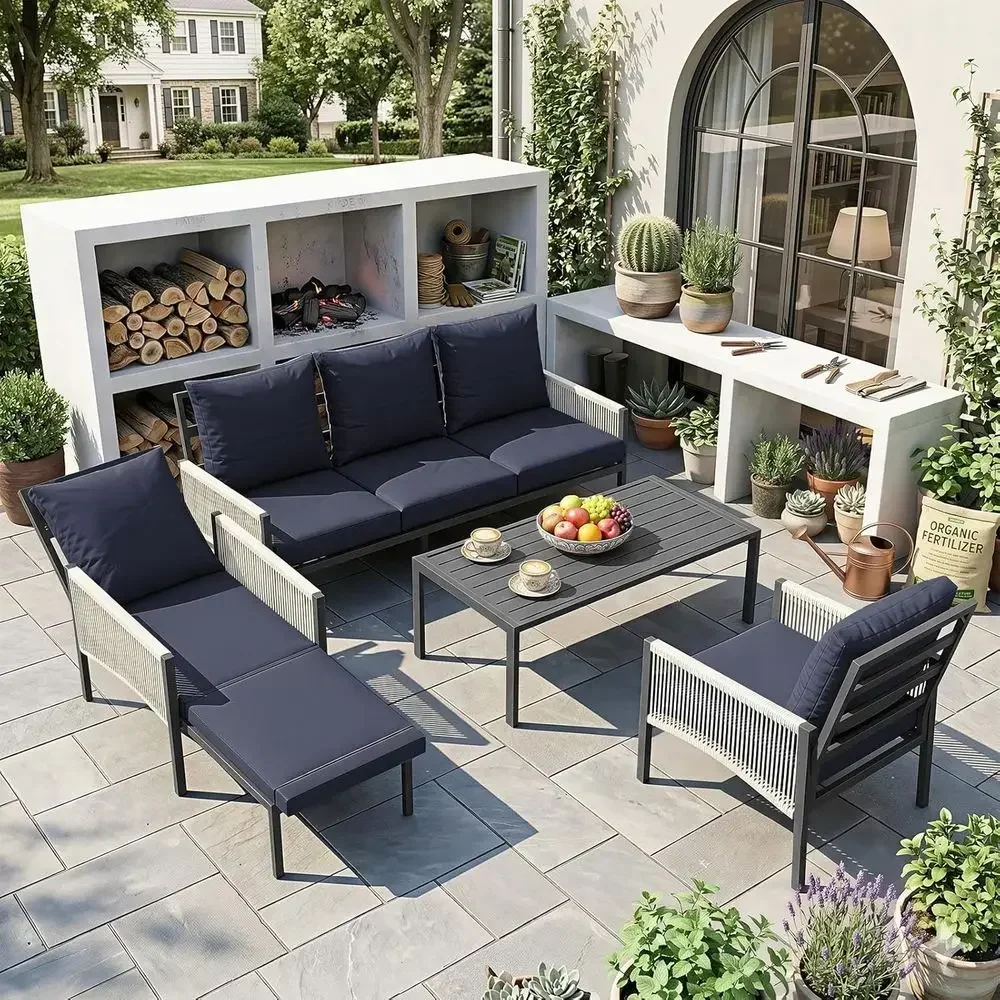 Patio urniture Set 5 Seats Outdoor Sectional Couch with Coee Central Table Patio Contion Sets or Porch Deck (k Blue, with Retrac
