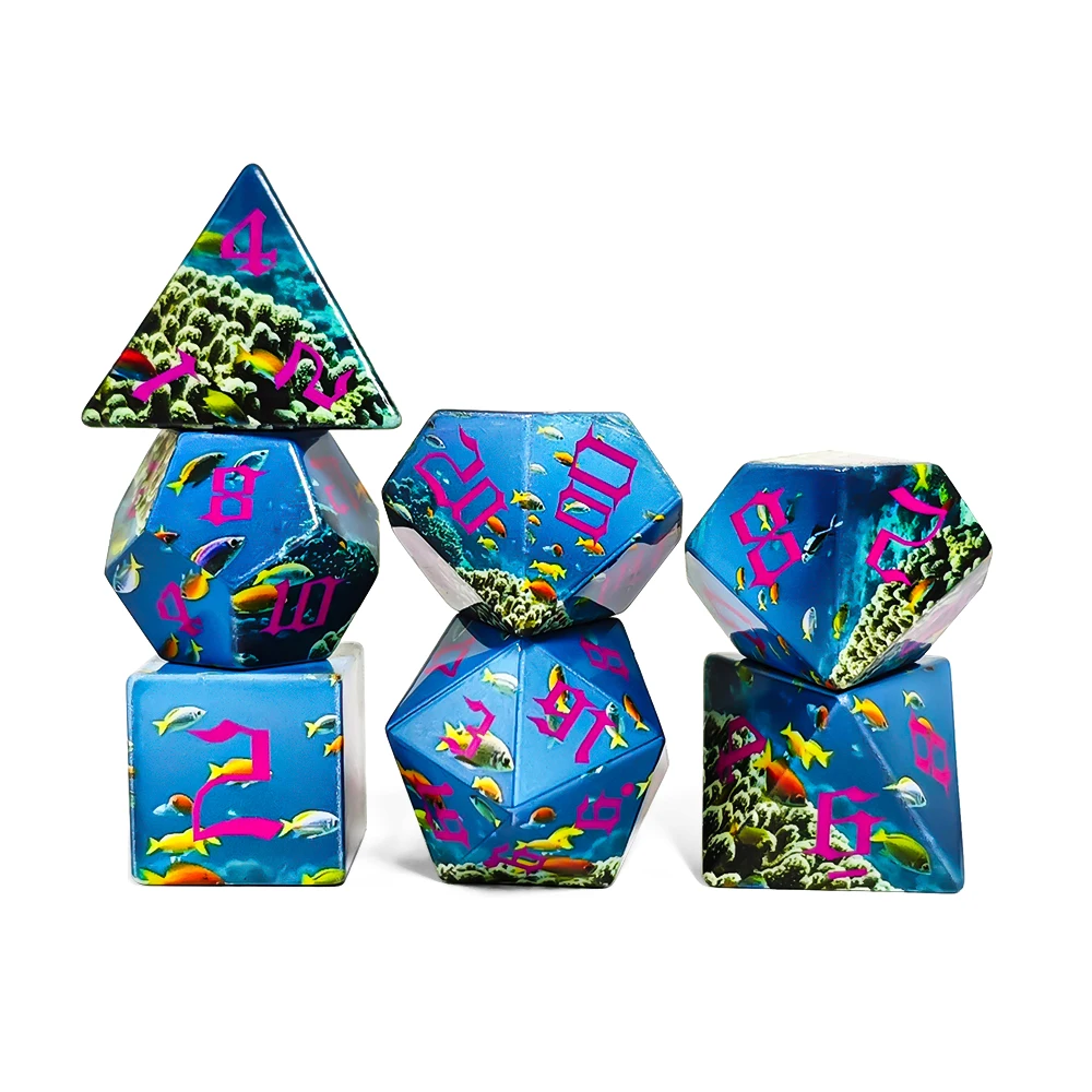 7Pcs/set Schools of Fish and Reefs Sharp Resin Pattern Dice for Board Games Entertainment Playing Toys Accessory