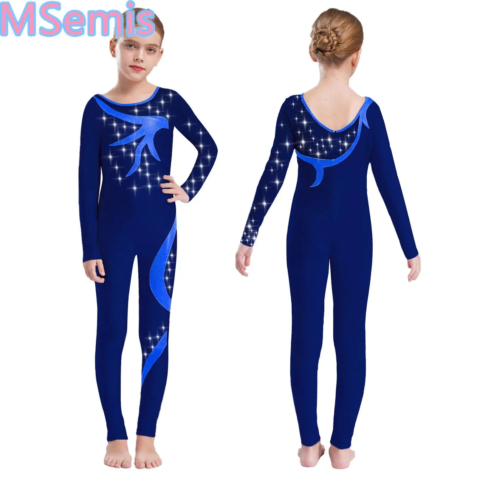 

Kids Girls Gymnastics Leotard Shiny Rhinestones Bodysuit Sheer Mesh Patchwork Full Length Leotard for Rhythmic Figure Skating