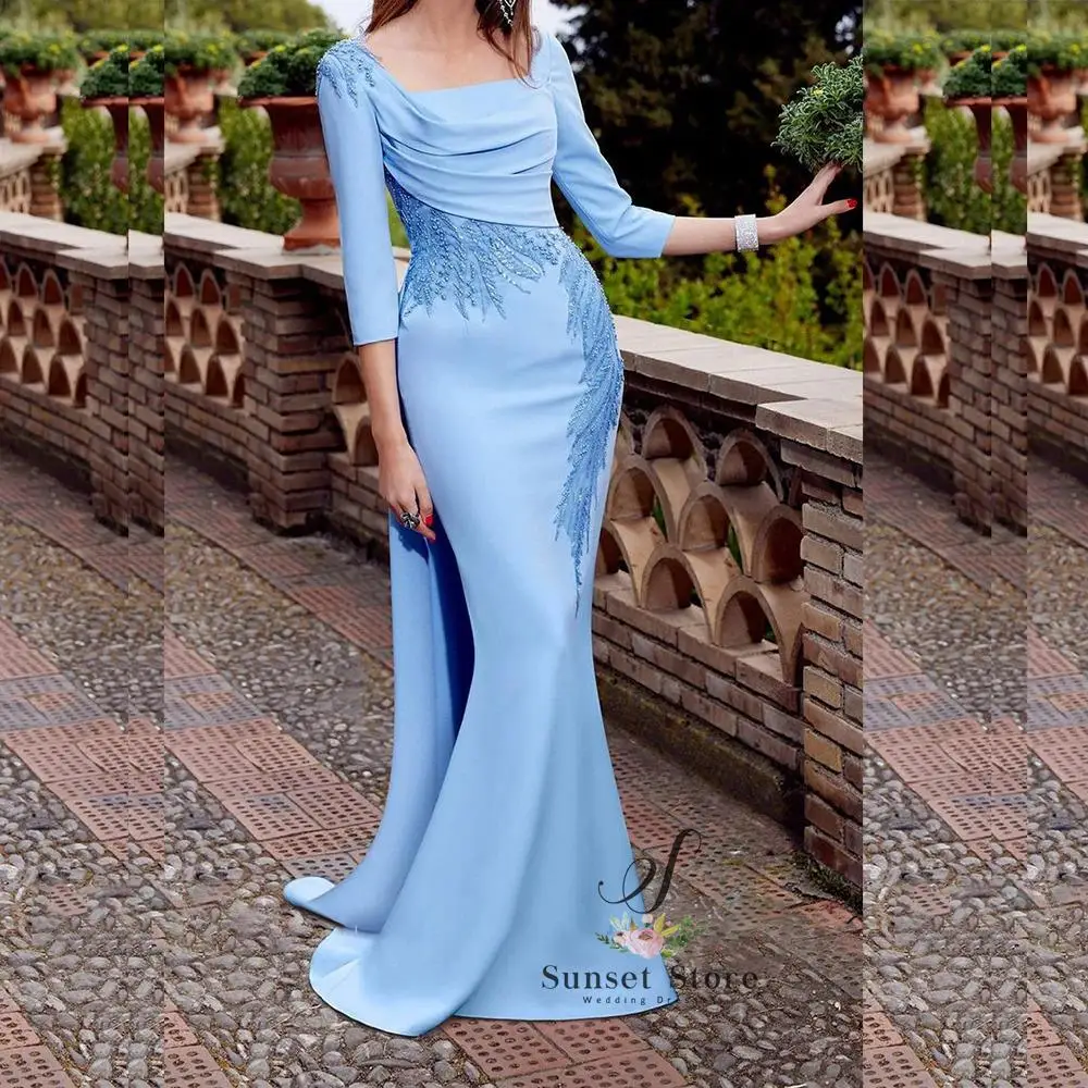 Customized Blue Pink Evening Dresses Appliques Sequined Square Collar Mermaid Long Sleeve Sweep Train Prom Party Gowns Luxury Dr